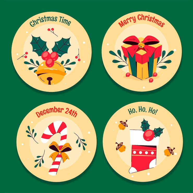 Vector gratuito colección de etiquetas planas para la temporada navideña con regalo y campana.