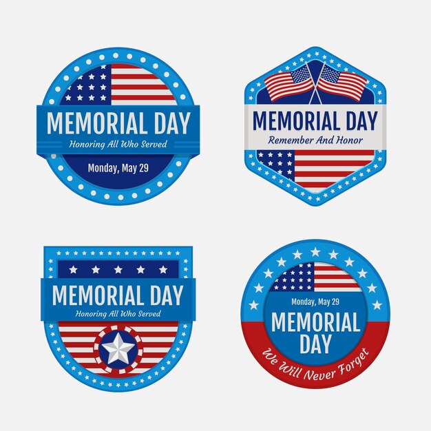 Colección de etiquetas planas para las vacaciones del día conmemorativo de estados unidos