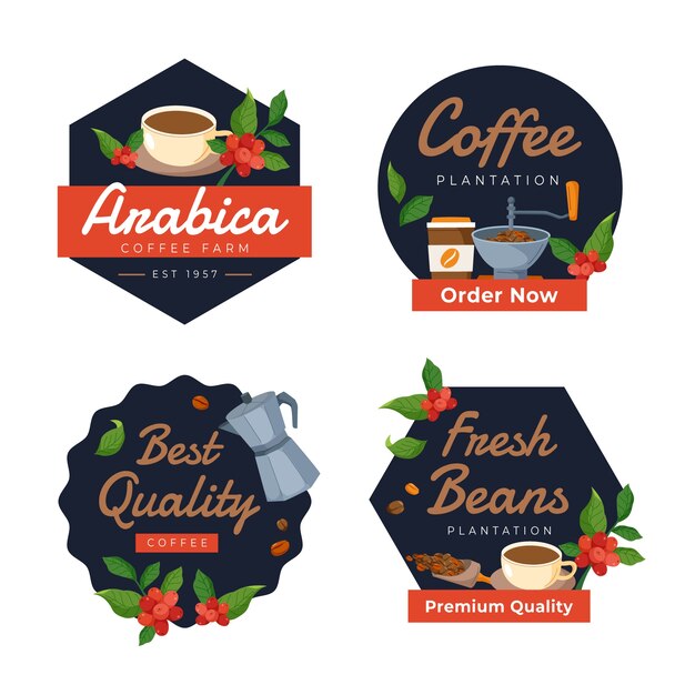 Colección de etiquetas de plantaciones de café dibujadas a mano