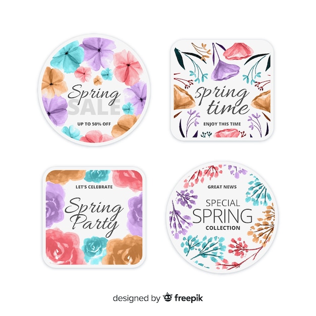 Colección de etiquetas de primavera en acuarela