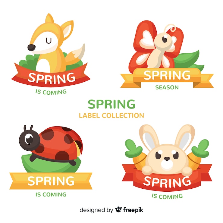 Vector gratuito colección etiquetas primavera animales dibujados a mano