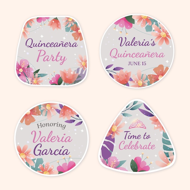 Vector gratuito colección de etiquetas de quinceañera en degradado