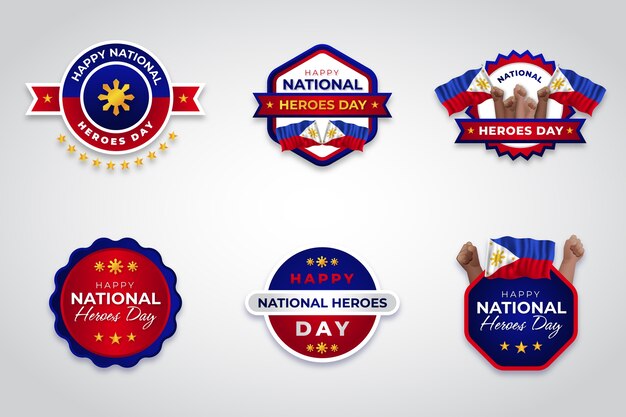 Colección de etiquetas realistas para la celebración del día de los héroes nacionales