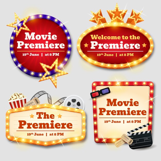 Colección de etiquetas realistas para el evento de estreno de la película.