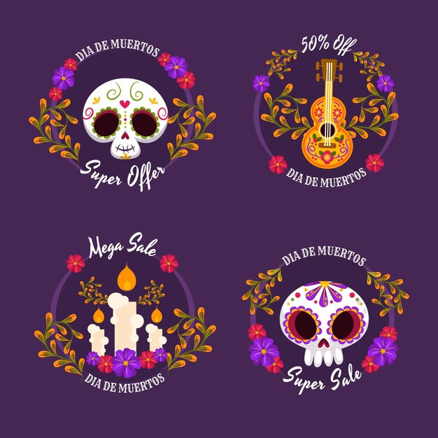 Colección de etiquetas de rebajas de dia de muertos en diseño plano