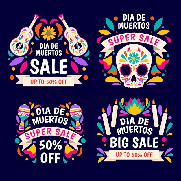 Colección de etiquetas de rebajas de dia de muertos en diseño plano