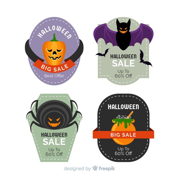 Colección de etiquetas de rebajas de halloween con diseño plano