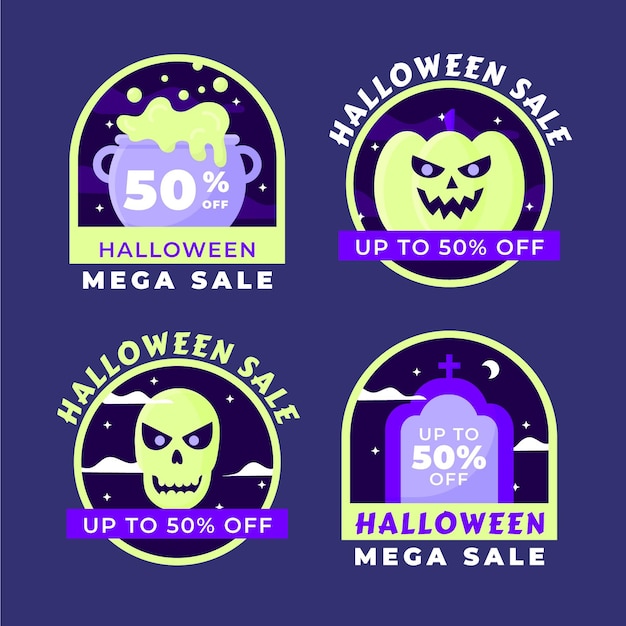 Vector gratuito colección de etiquetas de rebajas de halloween planas dibujadas a mano