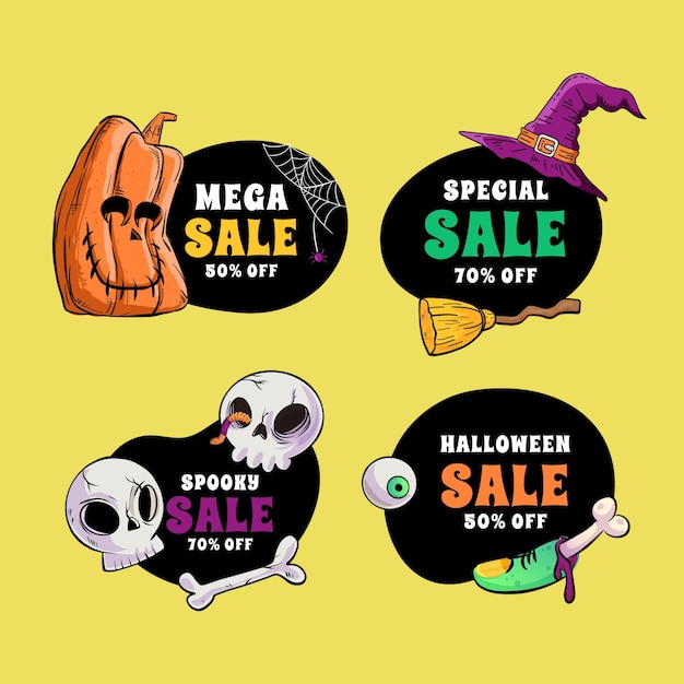 Colección de etiquetas de rebajas de halloween planas dibujadas a mano