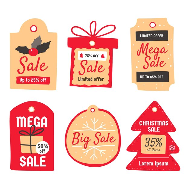 Colección de etiquetas de rebajas navideñas dibujadas a mano