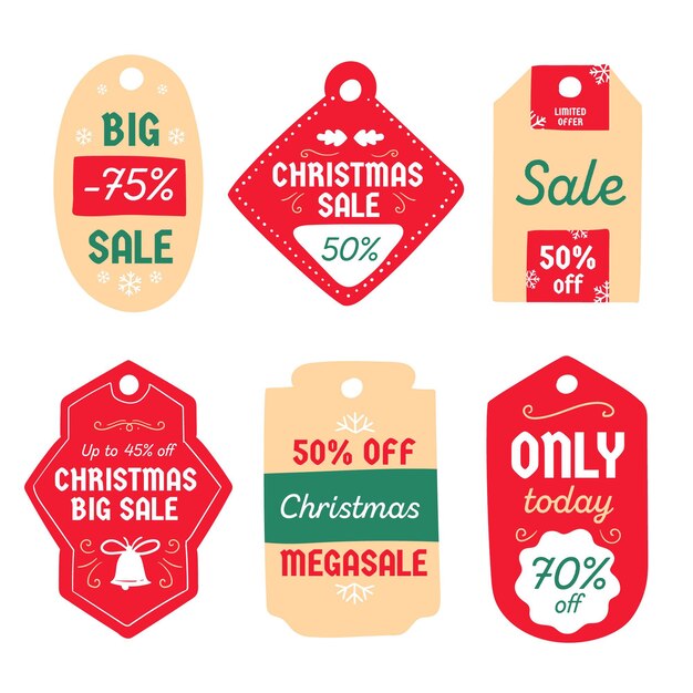 Colección de etiquetas de rebajas navideñas dibujadas a mano