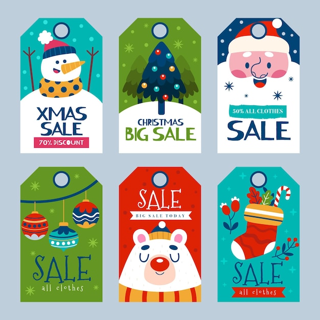 Colección de etiquetas de rebajas navideñas dibujadas a mano