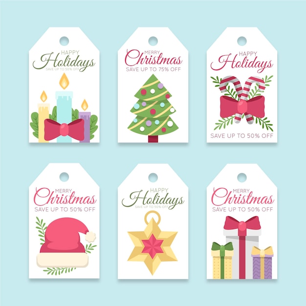 Colección de etiquetas de rebajas navideñas en diseño plano