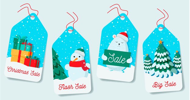 Colección de etiquetas de rebajas navideñas planas