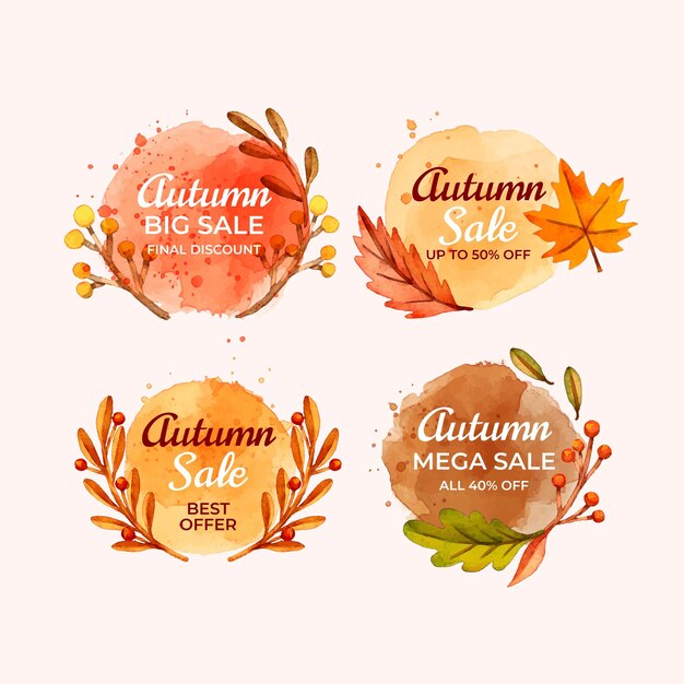 Colección de etiquetas de rebajas de otoño en acuarela