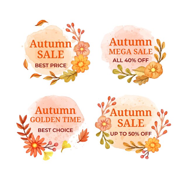 Colección de etiquetas de rebajas de otoño en acuarela