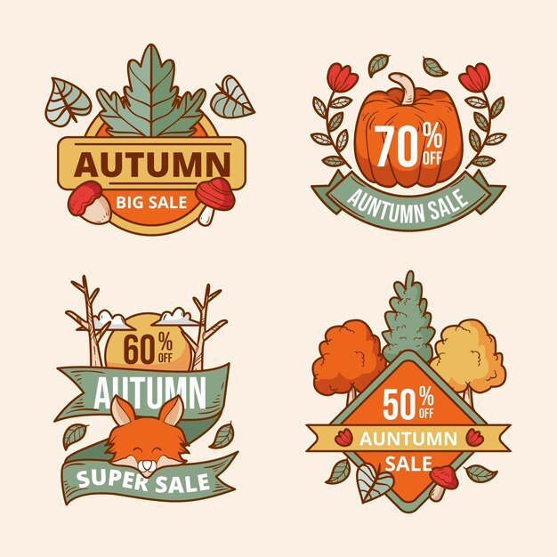 Colección etiquetas rebajas otoño dibujadas a mano
