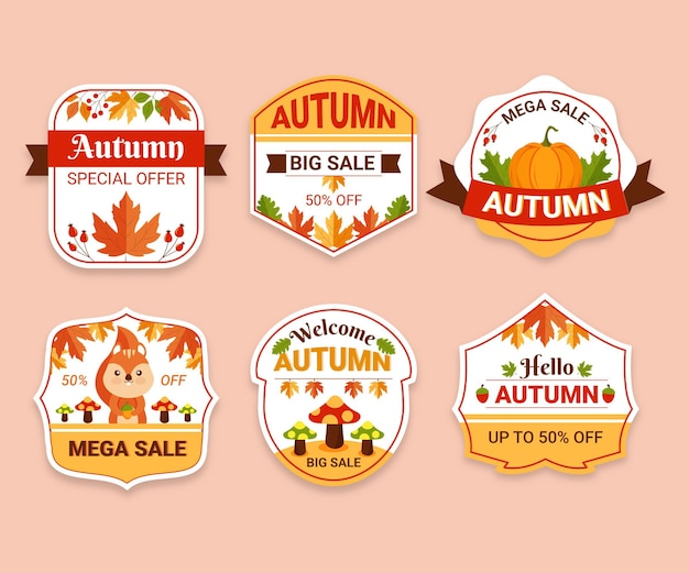 Colección de etiquetas de rebajas de otoño planas dibujadas a mano