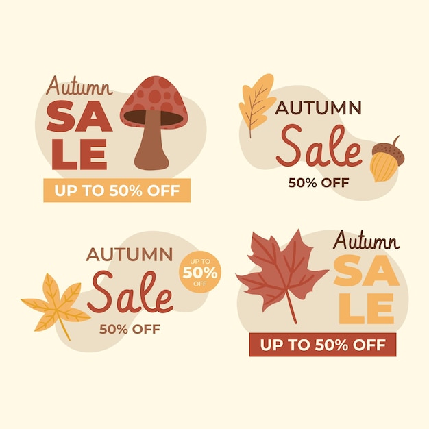 Colección de etiquetas de rebajas de otoño planas dibujadas a mano