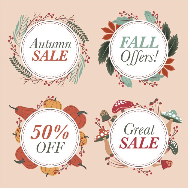 Colección de etiquetas de rebajas de otoño planas dibujadas a mano