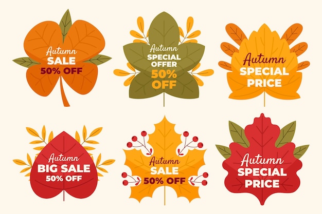 Colección de etiquetas de rebajas de otoño planas dibujadas a mano