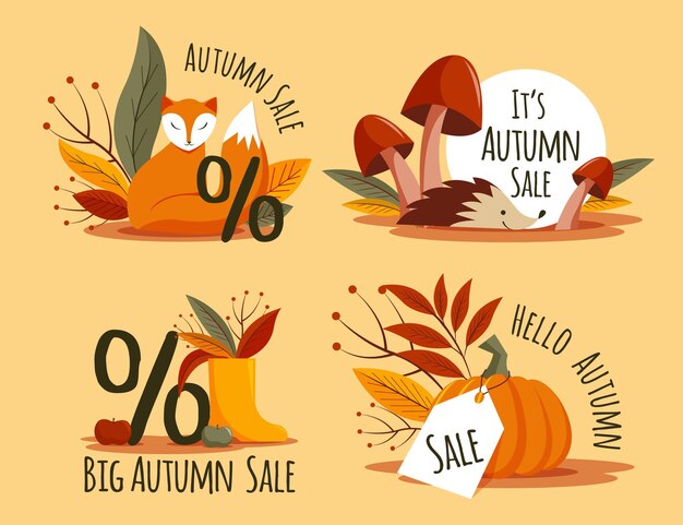 Colección de etiquetas de rebajas de otoño planas dibujadas a mano