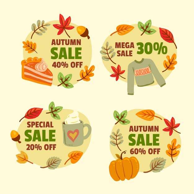Colección de etiquetas de rebajas de otoño planas dibujadas a mano