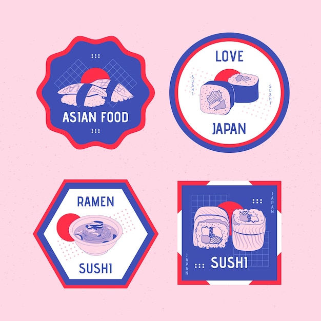 Colección de etiquetas de restaurante japonés dibujadas a mano