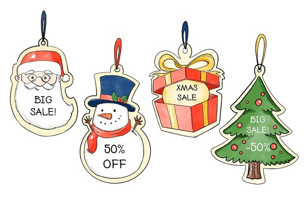 Colección de etiquetas de venta de navidad de acuarela