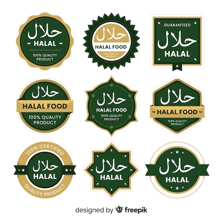 Vector gratuito colección de etiquetas verde de comida halal con diseño plano