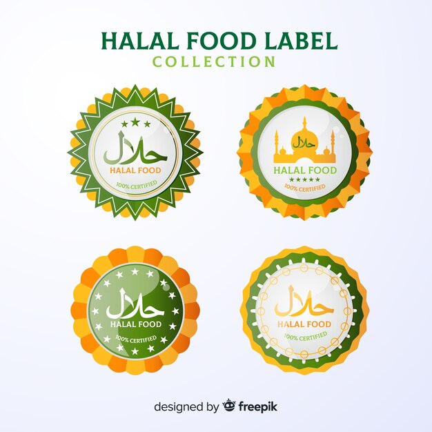 Colección de etiquetas verde de comida halal con diseño plano