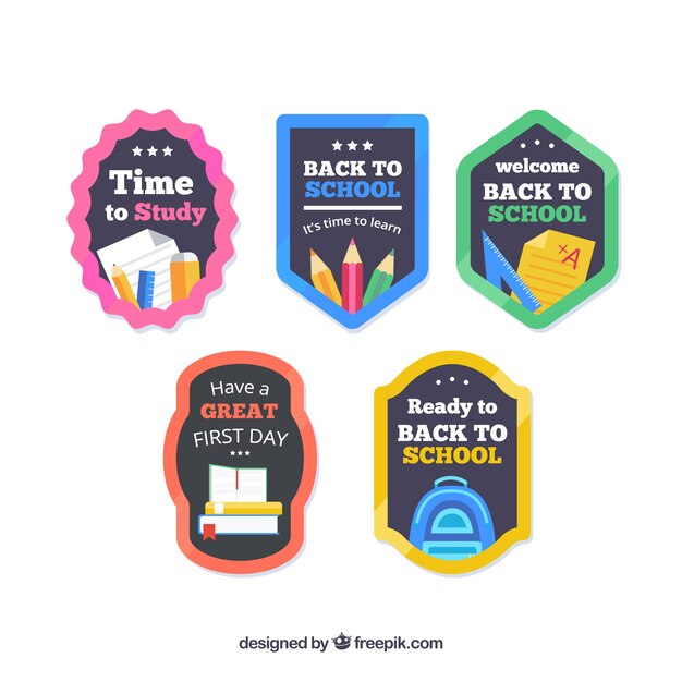 Colección de etiquetas de vuelta al cole en diferentes colores