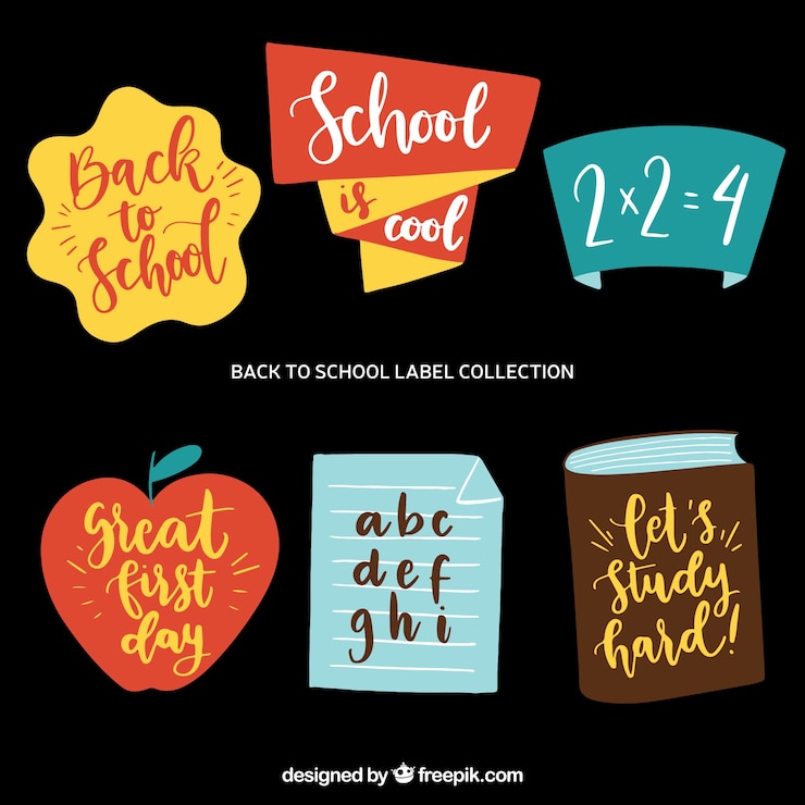 Vector gratuito colección de etiquetas de vuelta al colegio con elementos