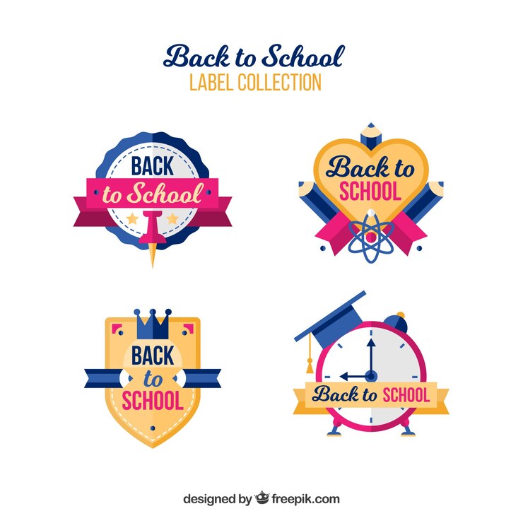 Vector gratuito colección de etiquetas de vuelta al colegio con elementos