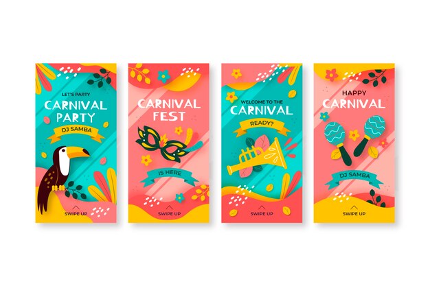 Colección exótica de historias de instagram de carnaval de aves y máscaras