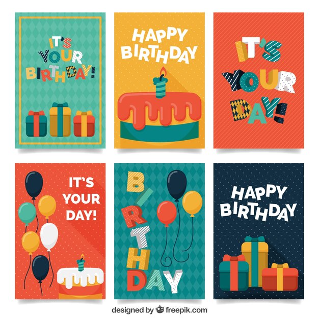 Colección de felicitaciones de cumpleaños retro de colores