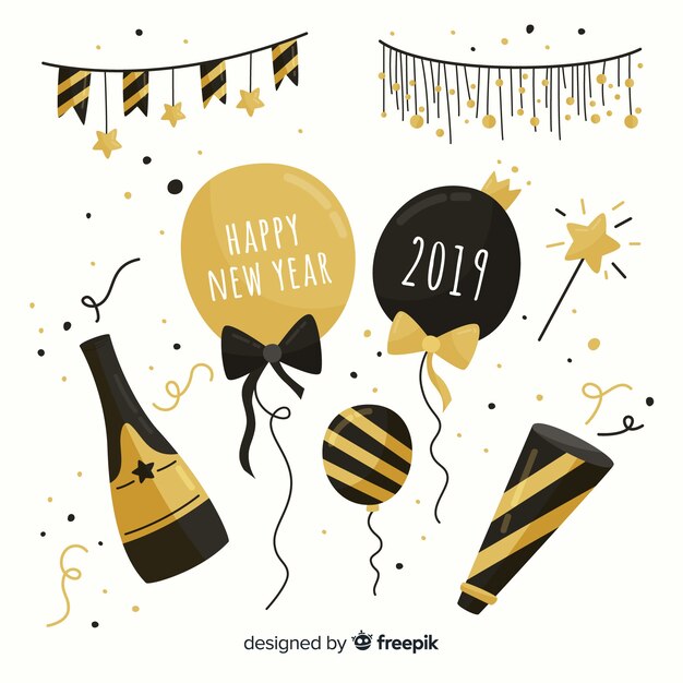 Colección fiesta año nuevo elementos dorados
