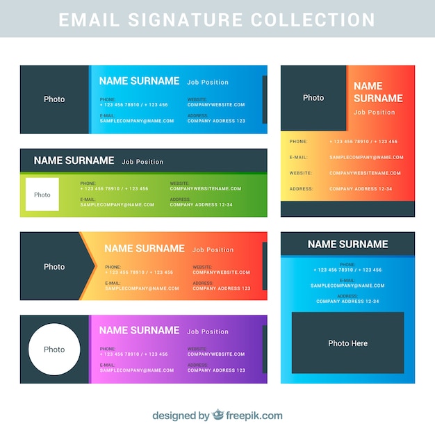 Colección de firma de correo electrónico en colores degradados