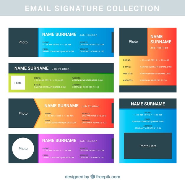 Colección de firma de correo electrónico en colores degradados