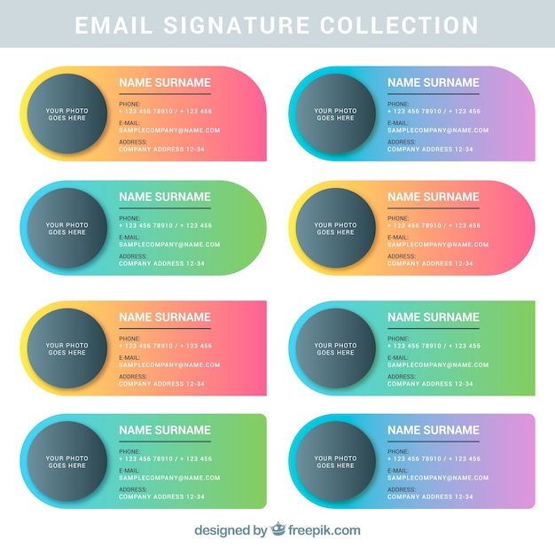 Colección de firma de correo electrónico en colores degradados