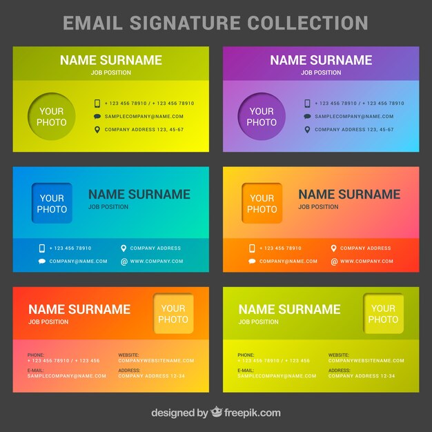 Colección de firma de correo electrónico en colores degradados
