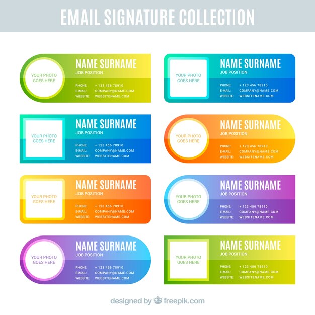 Colección de firma de correo electrónico en colores degradados
