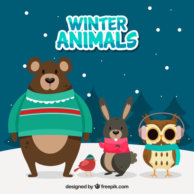 Colección flat de animales de bosque de invierno