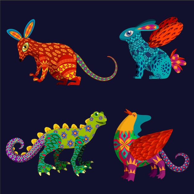 Vector gratuito colección flat dia de muertos alebrijes