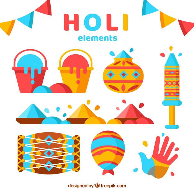 Colección flat de elementos para el festival de holi