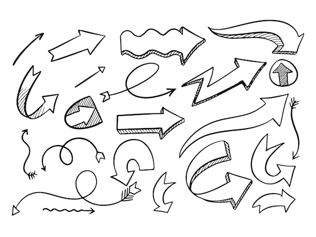 Colección de flechas vectoriales de estilo doodle de arte de líneas dibujadas a mano