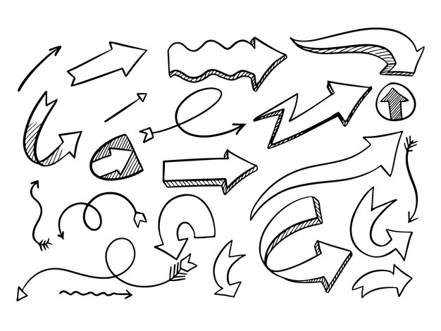 Colección de flechas vectoriales de estilo doodle de arte de líneas dibujadas a mano