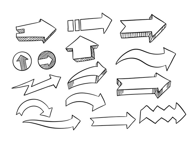 Colección de flechas vectoriales de estilo doodle de arte de líneas dibujadas a mano