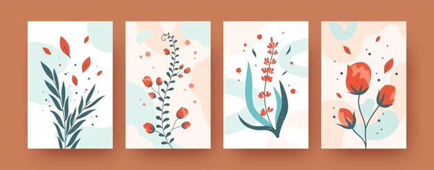 Colección floral de verano de carteles de arte contemporáneo. Ilustraciones modernas de flores y hojas.