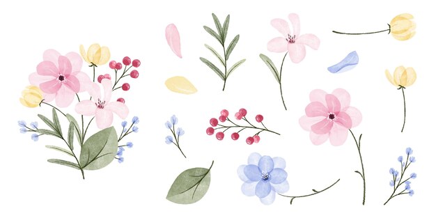 Colección de flores de acuarela pintadas a mano